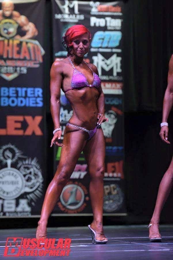 Phelicia Gomez competing on the bikini bodybuilding stage